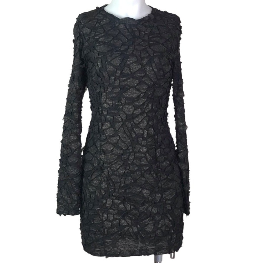 AUDREY 3+1 BLACK TEXTURED LONG SLEEVE MINI DRESS